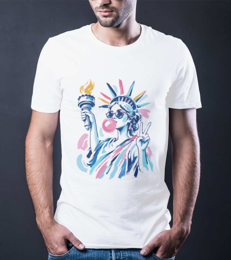 Statue Of Liberty Bubblegum Peace Sign USA Landmark T-Shirt
