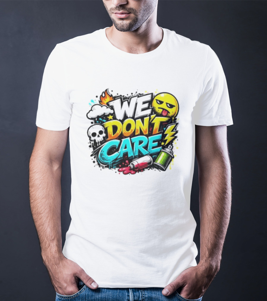 We Don't Care Graffiti Emojis Fire Cloud Lightning Skull T-Shirt