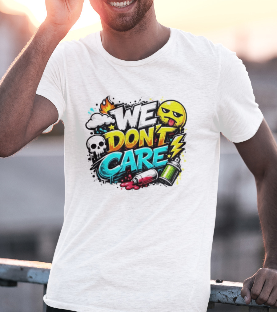 We Don't Care Graffiti Emojis Fire Cloud Lightning Skull T-Shirt