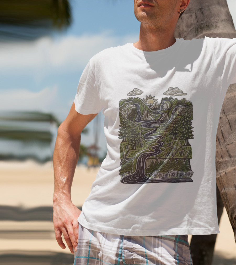 Nature Backs Forest Scene With River Trees Mountains Sun And Clouds T-Shirt