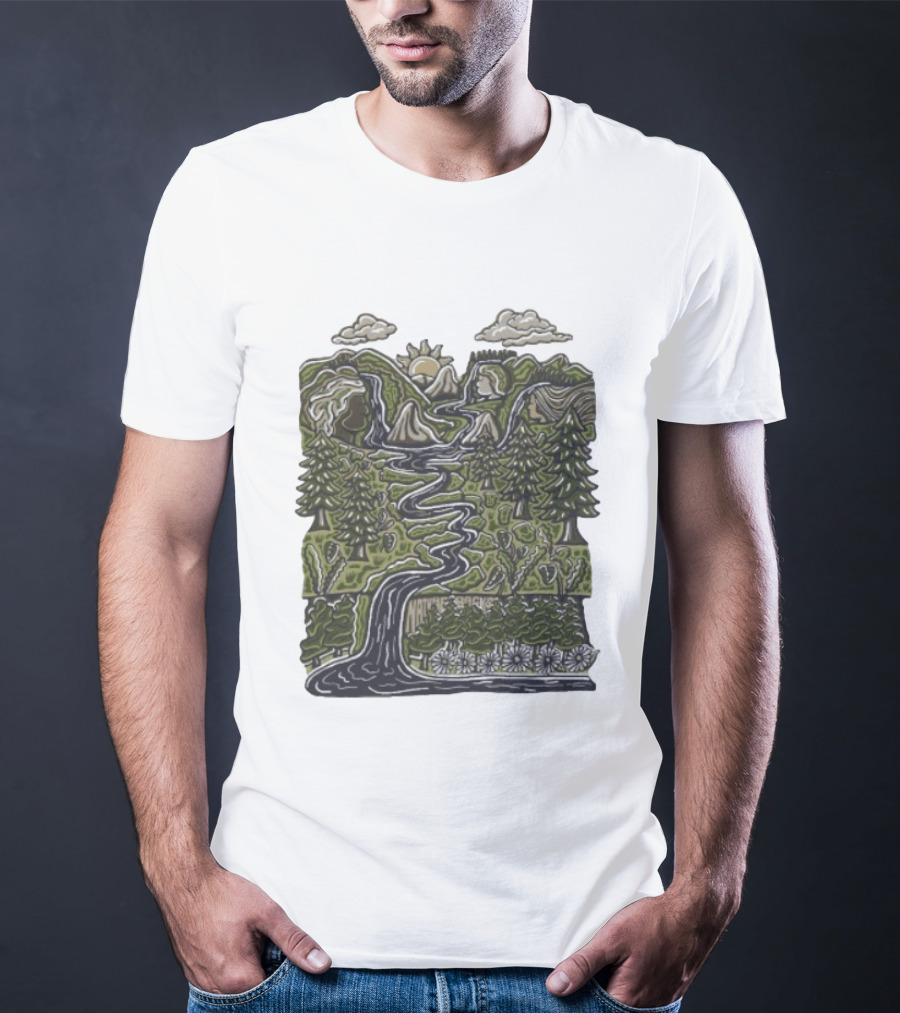 Nature Backs Forest Scene With River Trees Mountains Sun And Clouds T-Shirt