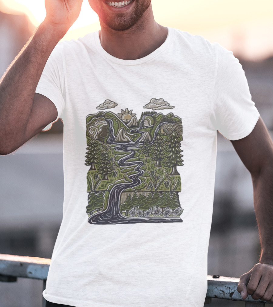 Nature Backs Forest Scene With River Trees Mountains Sun And Clouds T-Shirt