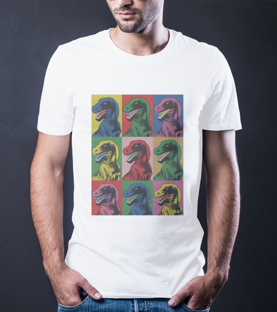 T Rex Pop Dinosaur Multi Colored Grid Prehistoric Reptile Andy Warhol T-Shirt