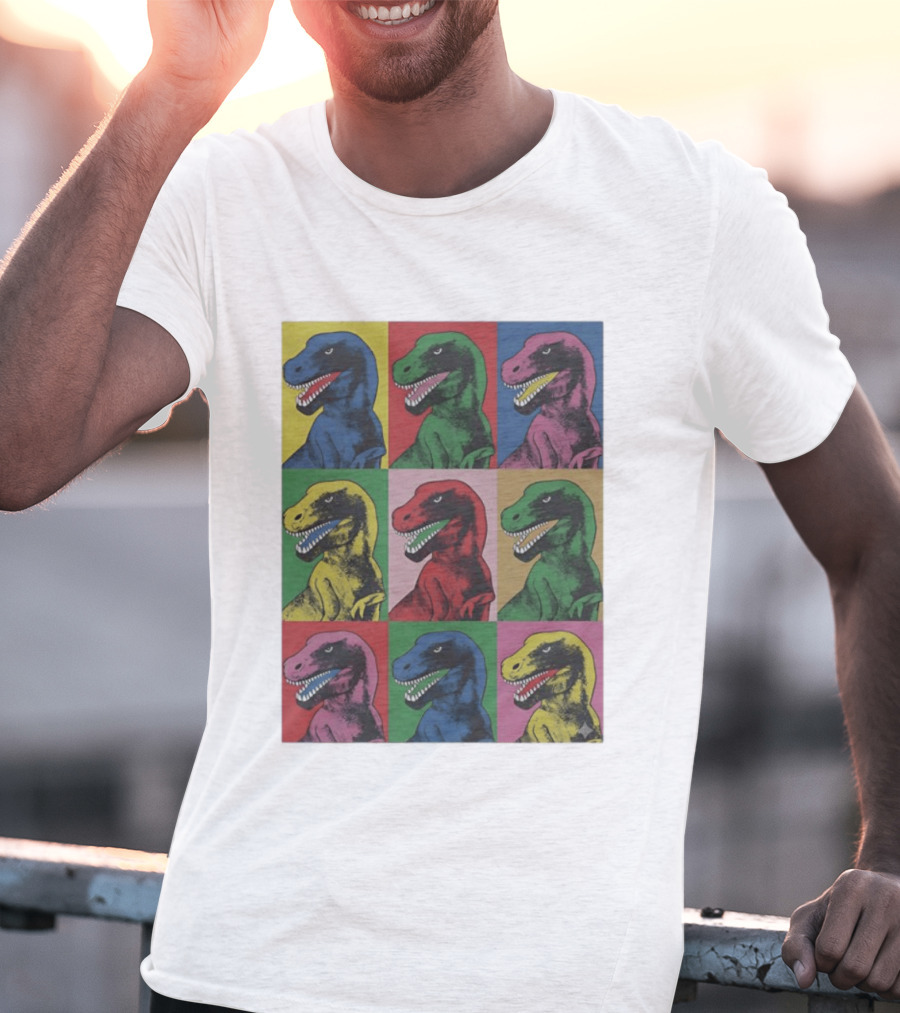 T Rex Pop Dinosaur Multi Colored Grid Prehistoric Reptile Andy Warhol T-Shirt
