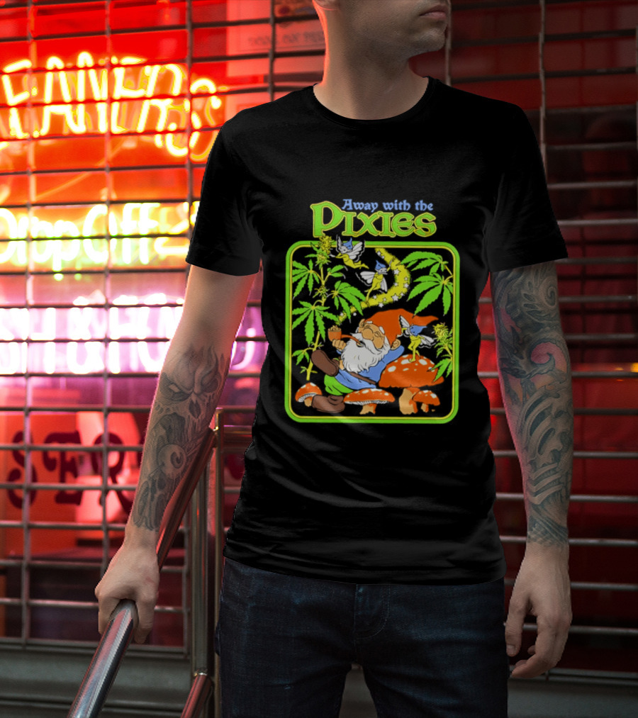 Away With The Pixies Gnome Smoking Cannabis Mushroom Fantasy Scene T-Shirt