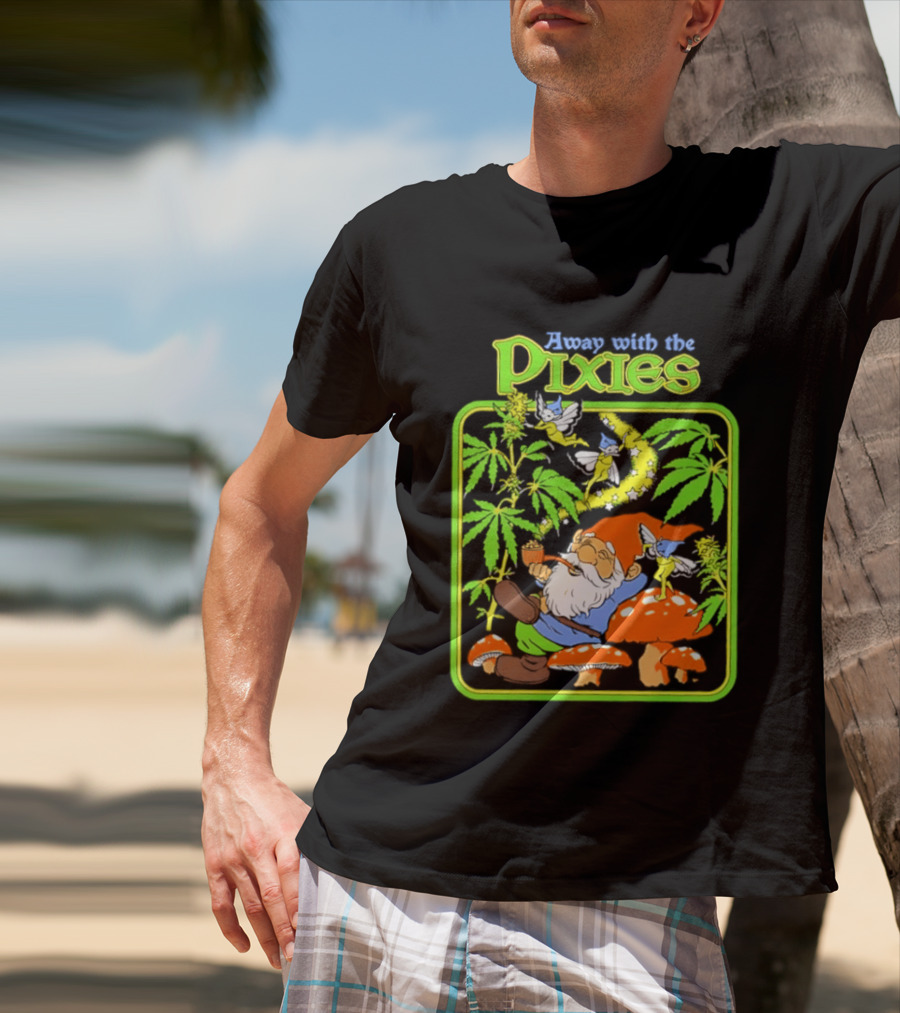 Away With The Pixies Gnome Smoking Cannabis Mushroom Fantasy Scene T-Shirt