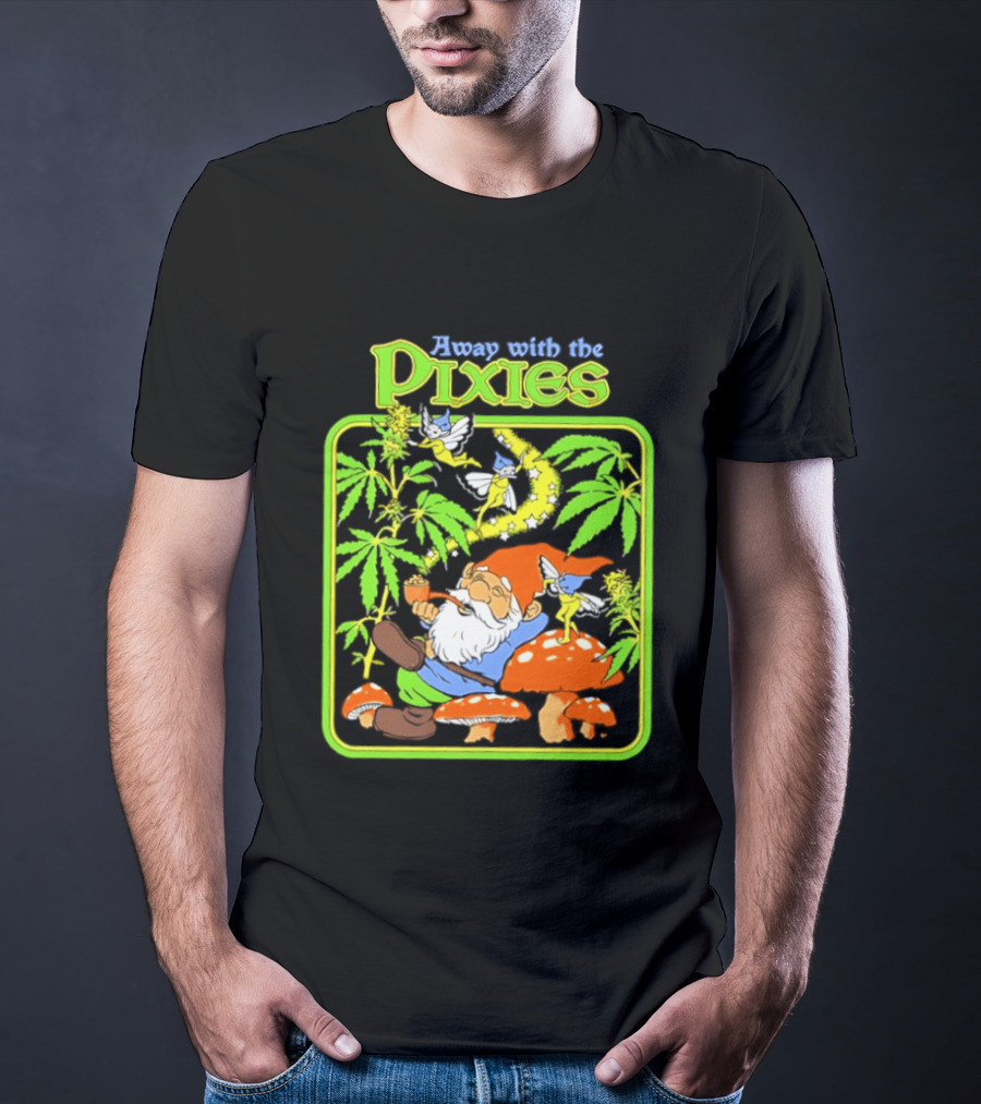 Away With The Pixies Gnome Smoking Cannabis Mushroom Fantasy Scene T-Shirt