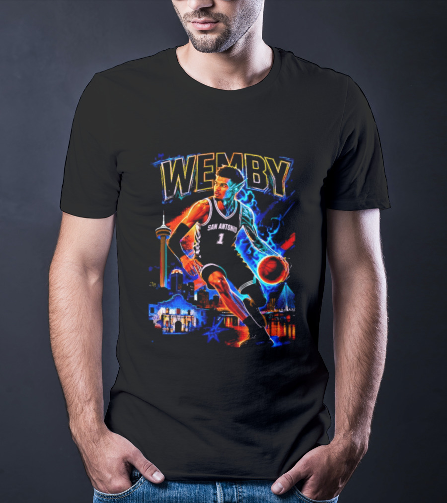 Wemby San Antonio Spurs Basketball Player Half Alien City Skyline T-Shirt