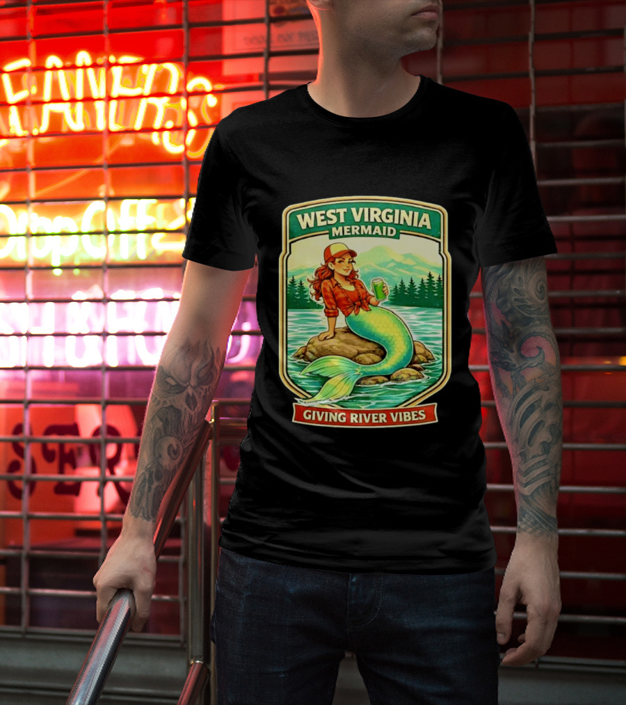 West Virginia Mermaid Giving River Vibes Green Tail Red Hat T-Shirt