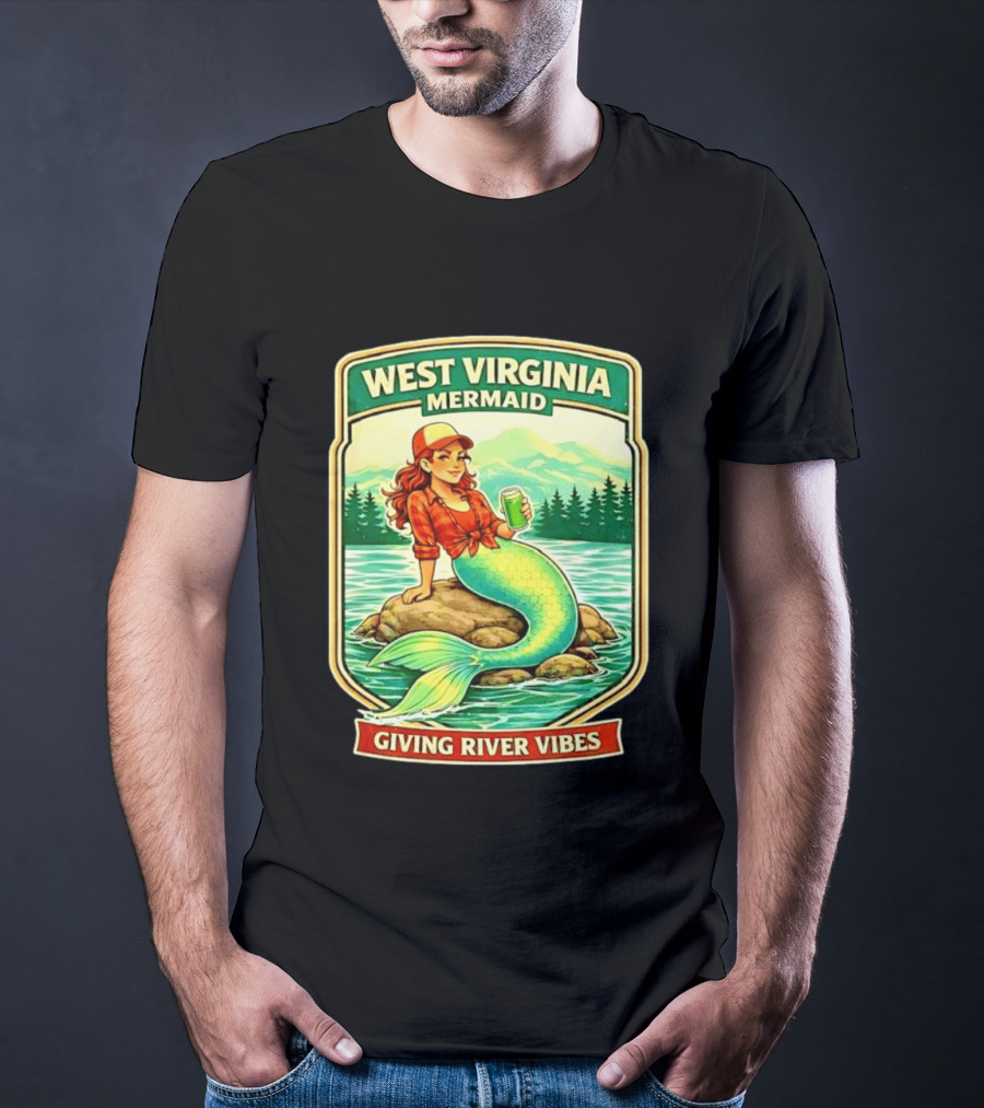 West Virginia Mermaid Giving River Vibes Green Tail Red Hat T-Shirt