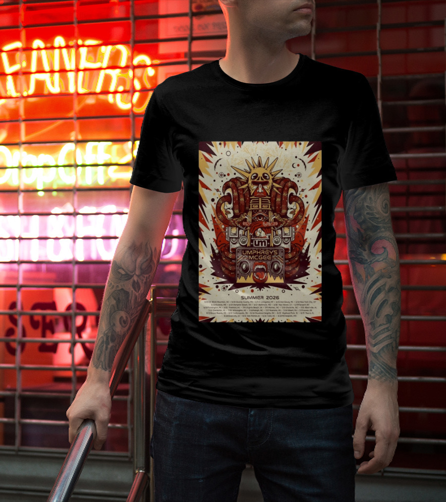 Umphrey's McGee Summer 2026 Tour Dates With Unique Symbolic Artwork And Sun Motif T-Shirt
