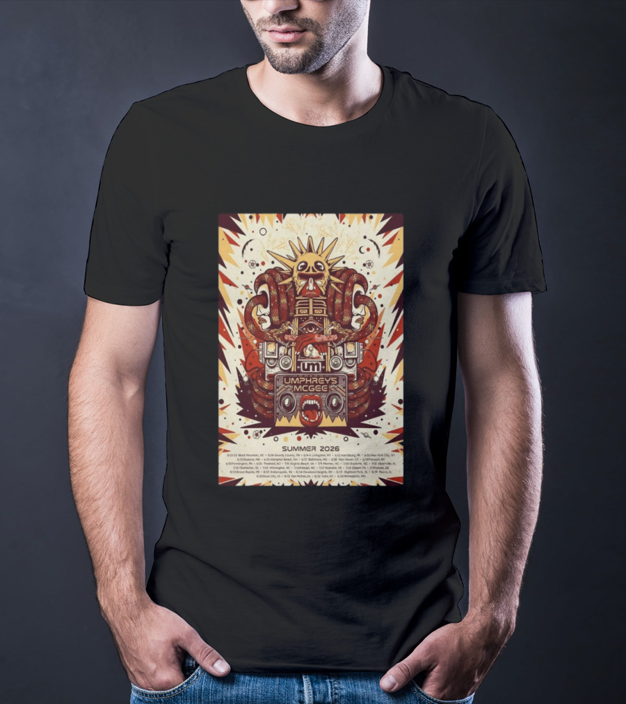 Umphrey's McGee Summer 2026 Tour Dates With Unique Symbolic Artwork And Sun Motif T-Shirt