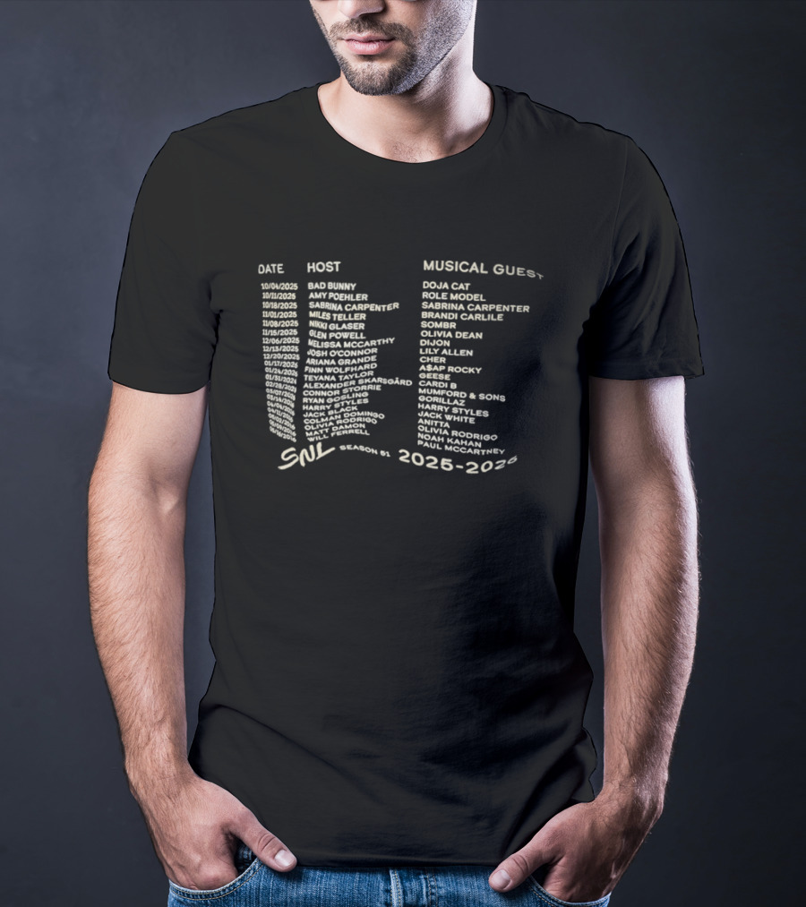 SNL Season 51 2025 2026 Fictional Hosts Musical Guests Lineup T-Shirt