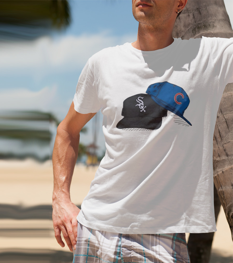 Chicago White Sox Black Hat And Chicago Cubs Blue Cap Baseball Fan Collection T-Shirt