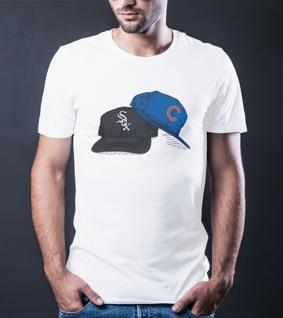 Chicago White Sox Black Hat And Chicago Cubs Blue Cap Baseball Fan Collection T-Shirt
