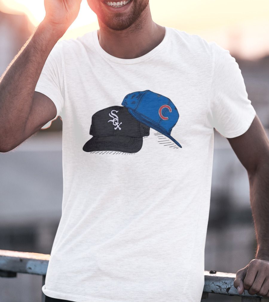 Chicago White Sox Black Hat And Chicago Cubs Blue Cap Baseball Fan Collection T-Shirt