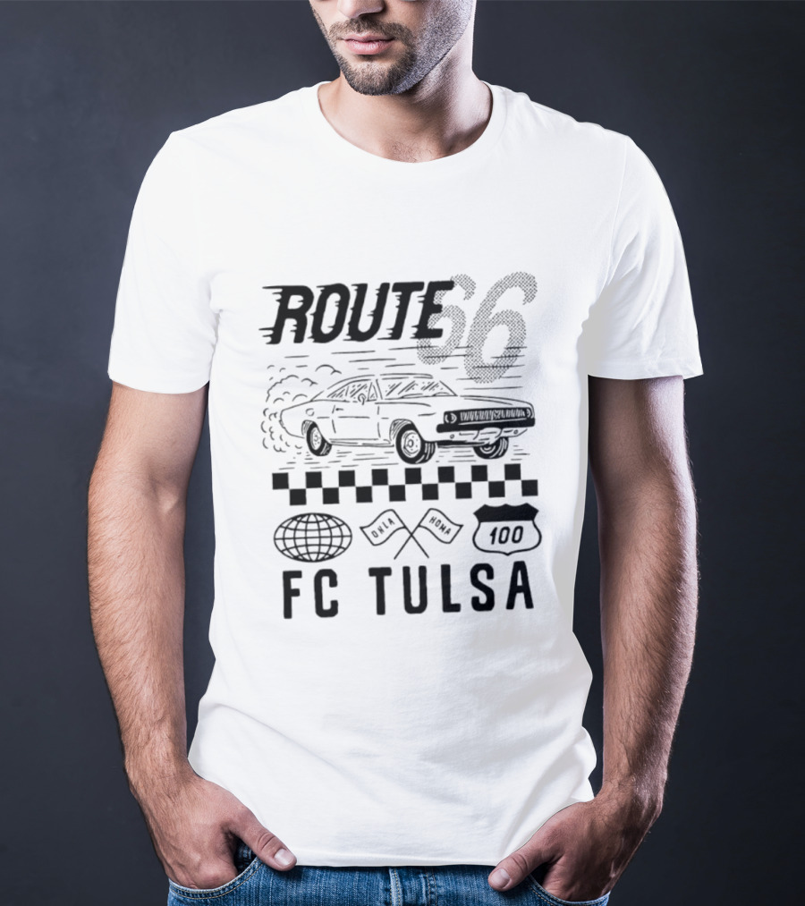 FC Tulsa Route 66 Oklahoma Soccer Car 100 Racing Flags T-Shirt
