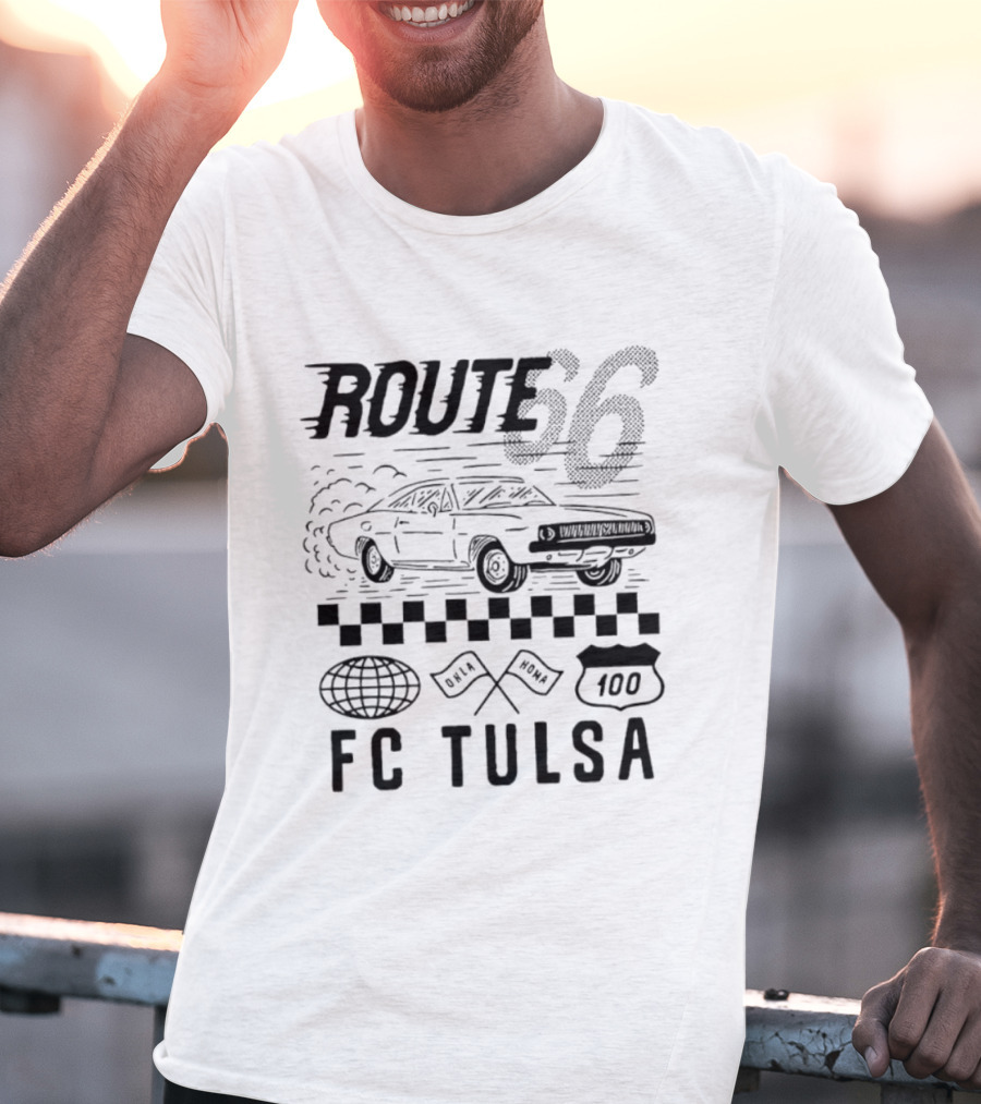 FC Tulsa Route 66 Oklahoma Soccer Car 100 Racing Flags T-Shirt