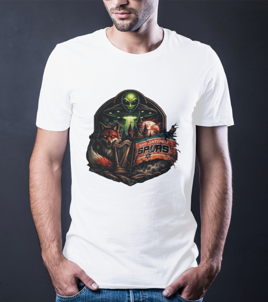San Antonio Spurs UFO Alien Fox Harp Castle Moon Flag T-Shirt