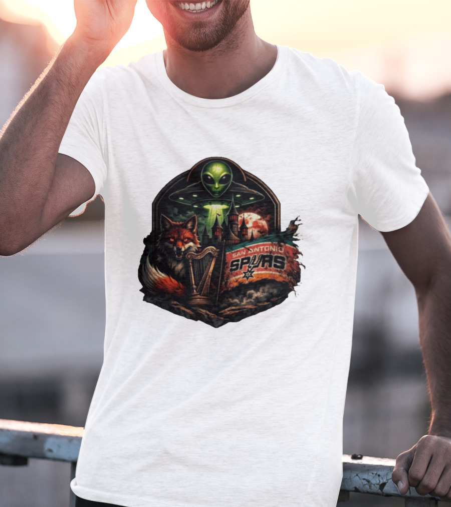 San Antonio Spurs UFO Alien Fox Harp Castle Moon Flag T-Shirt