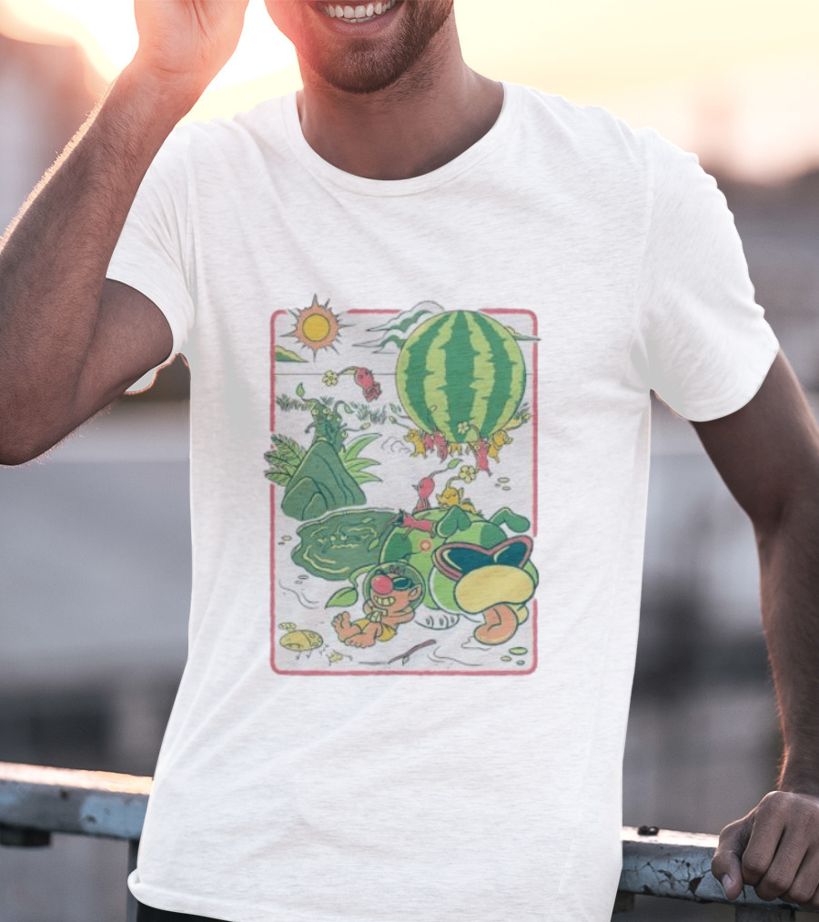 Pikmin Characters With Olimar Carrying Watermelon In Game Series T-Shirt
