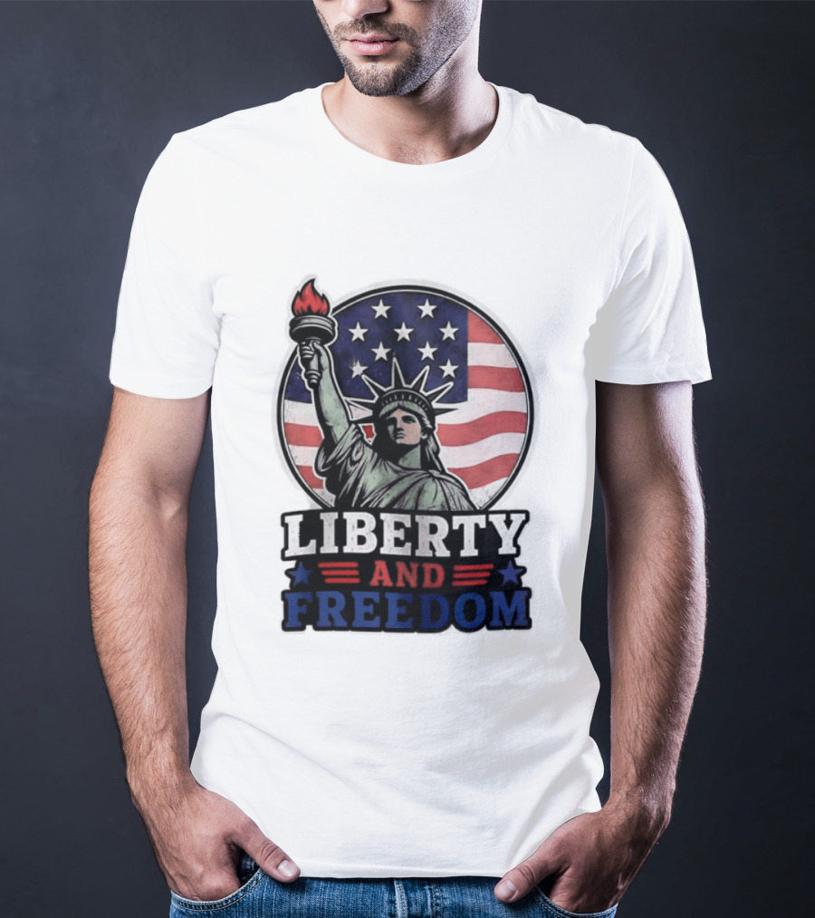 Liberty And Freedom Statue Of Liberty USA Flag Stars T-Shirt