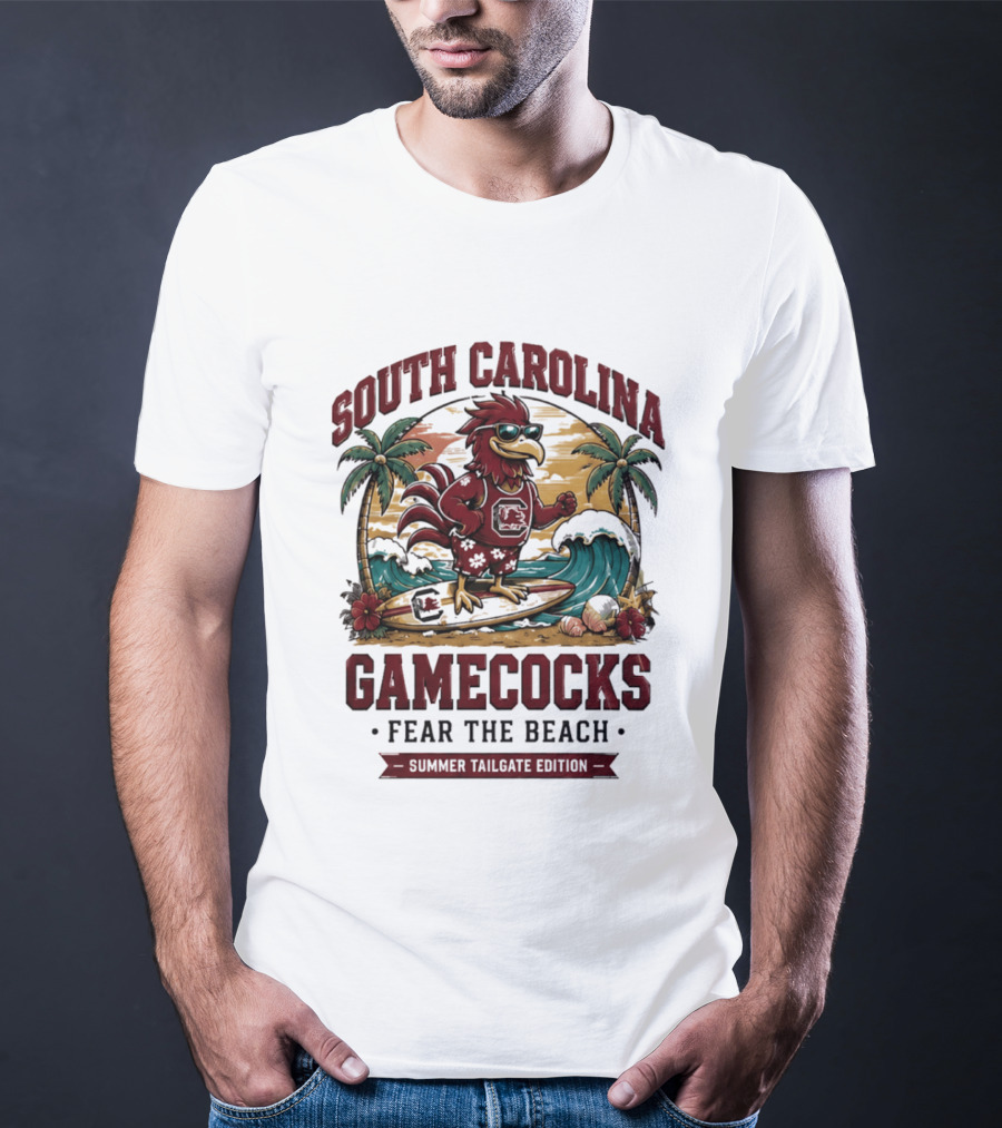 South Carolina Gamecocks Fear The Beach Summer Tailgate Edition Surfing Chicken Palm Trees Wave T-Shirt