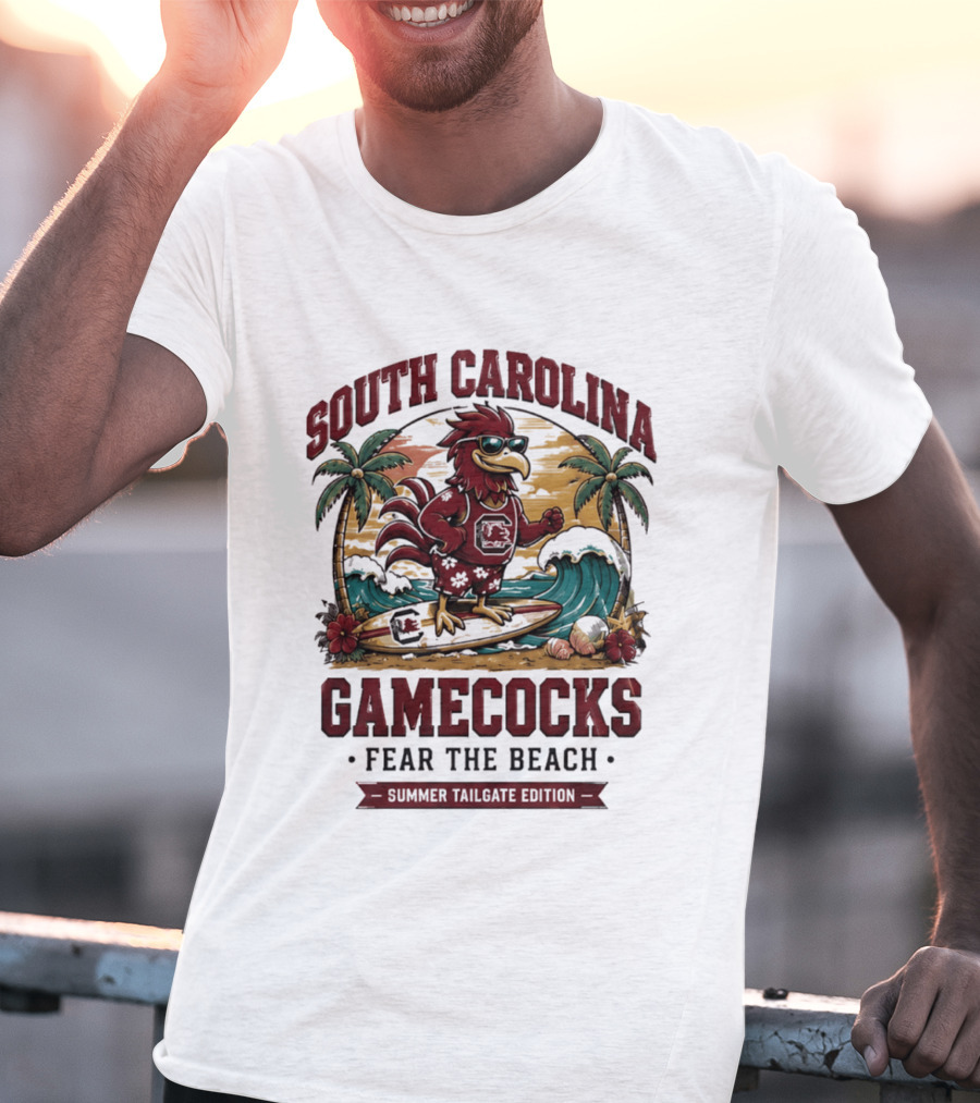 South Carolina Gamecocks Fear The Beach Summer Tailgate Edition Surfing Chicken Palm Trees Wave T-Shirt