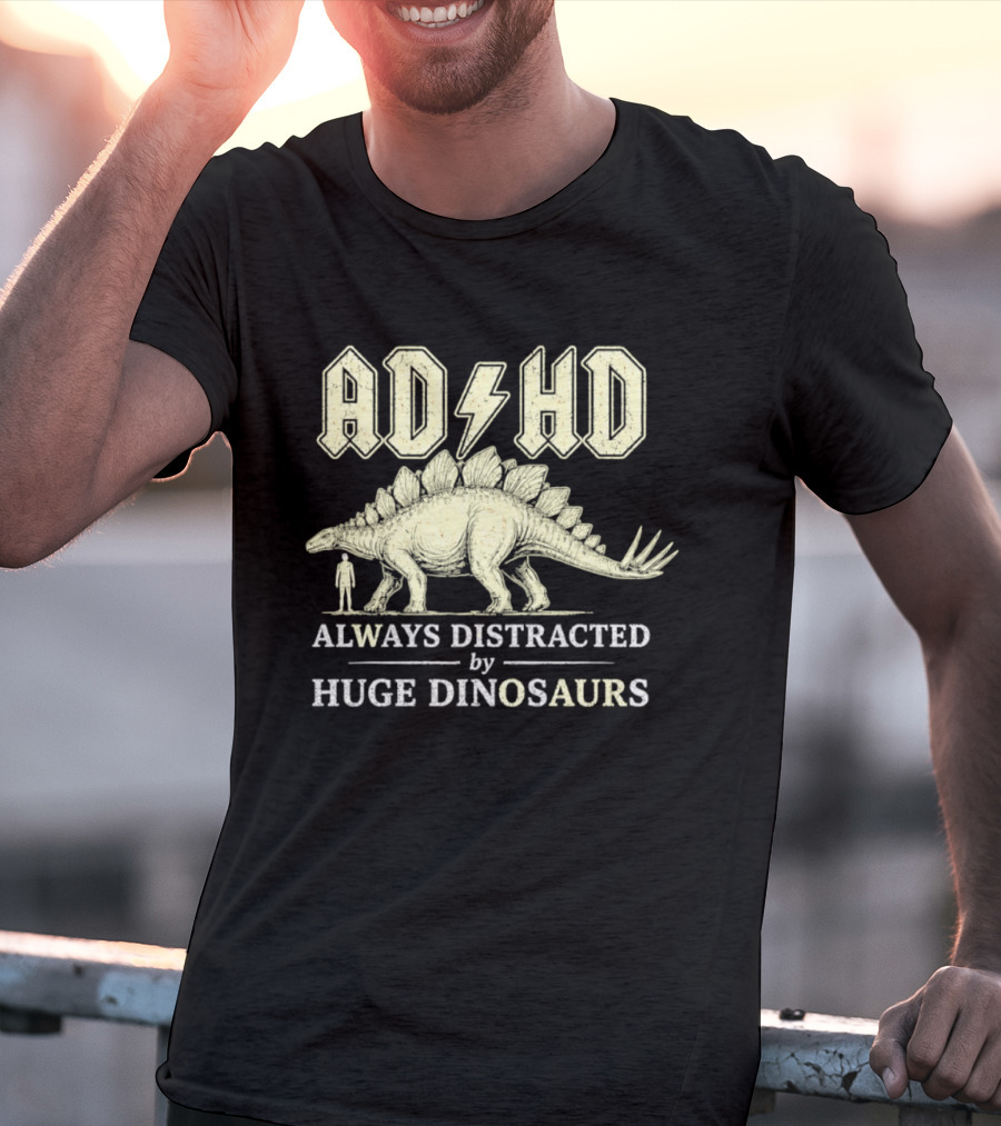 ADHD Always Distracted By Huge Dinosaurs Stegosaurus Lightning Bolt T-Shirt