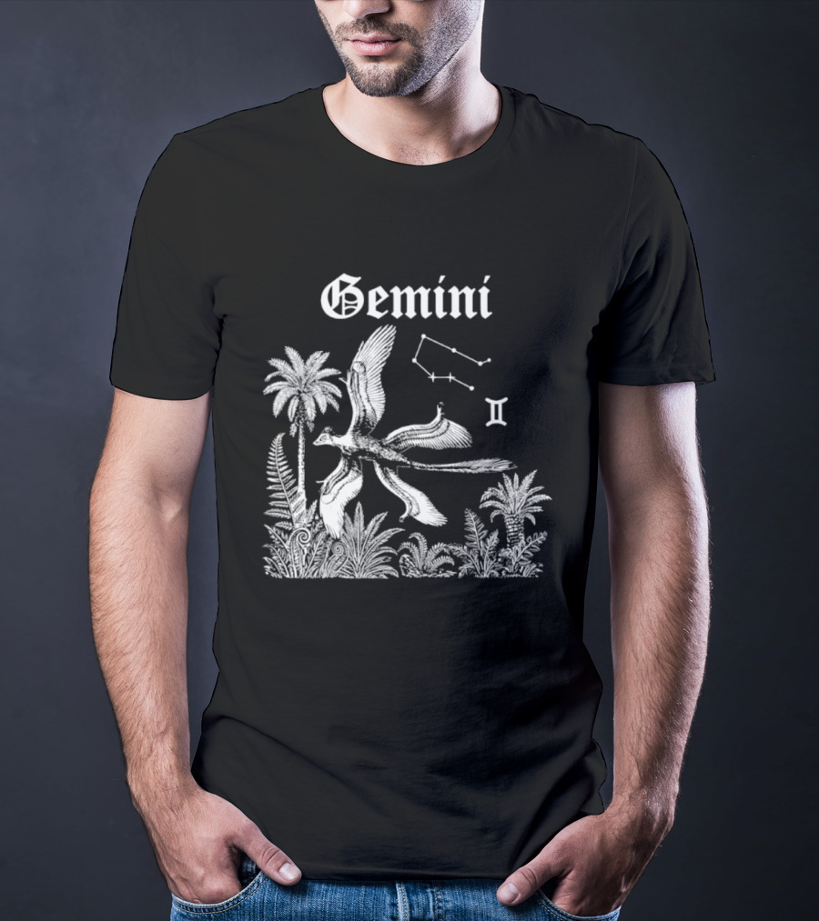 Gemini Feathered Dinosaur Constellation Tropical Scene T-Shirt