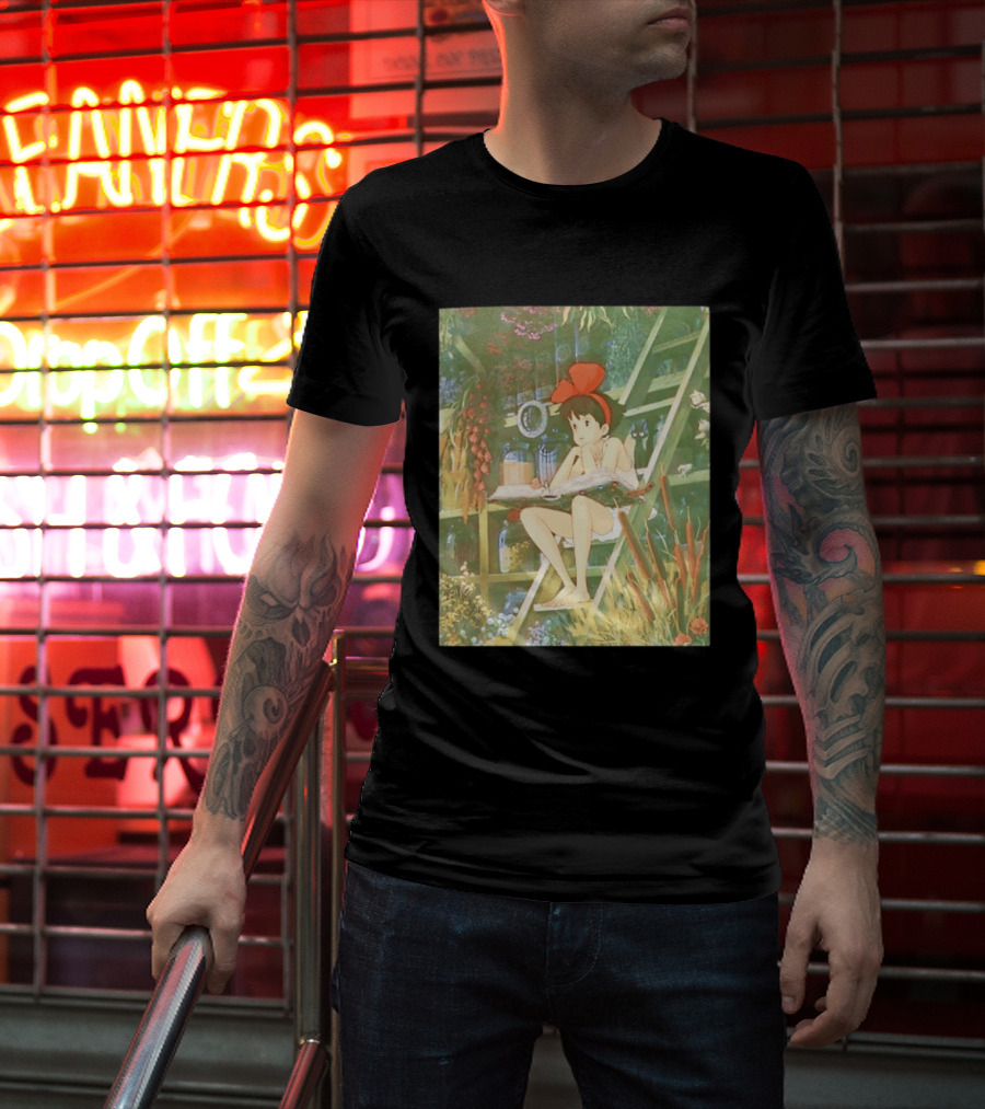 Kiki's Delivery Service Magic Book Cat And Botanical Greenhouse Scene T-Shirt
