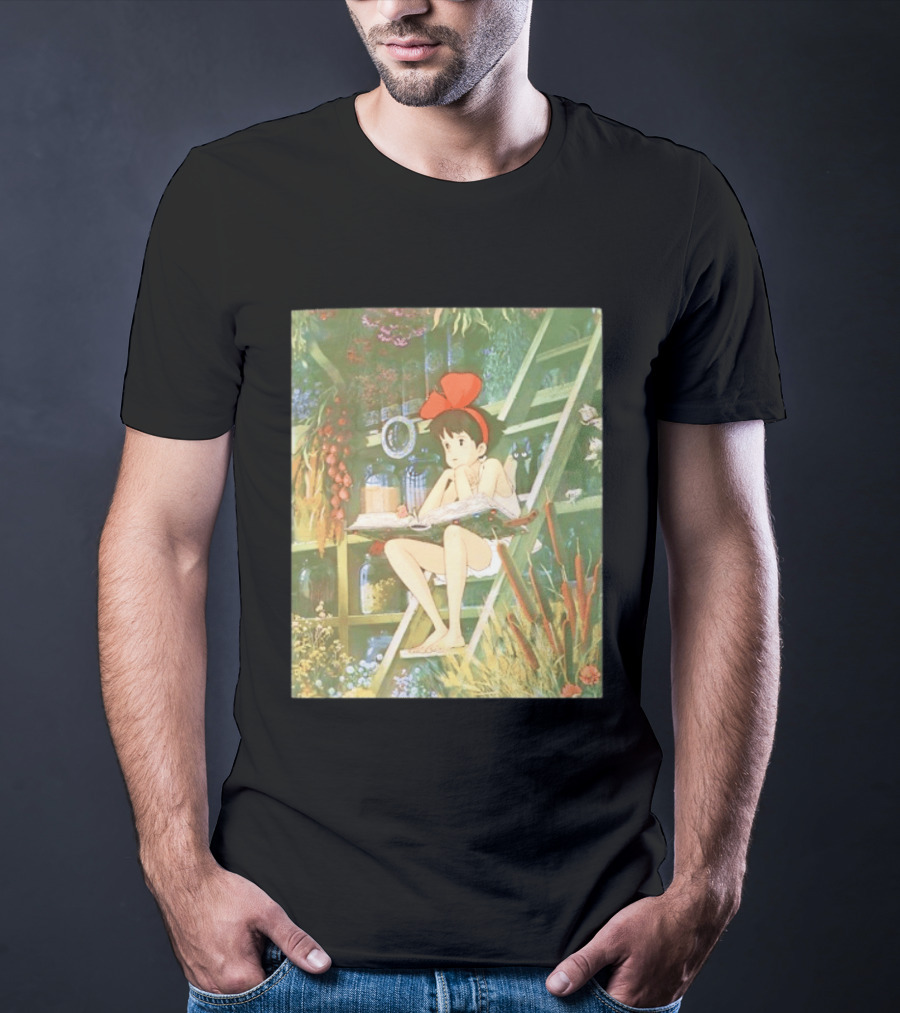 Kiki's Delivery Service Magic Book Cat And Botanical Greenhouse Scene T-Shirt