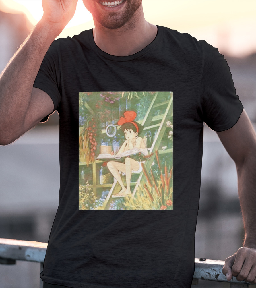 Kiki's Delivery Service Magic Book Cat And Botanical Greenhouse Scene T-Shirt