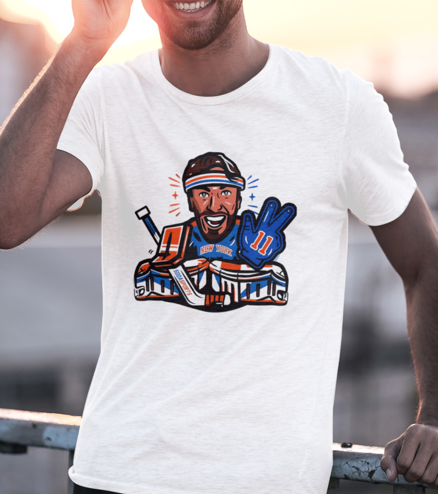 Mathew Barzal New York Islanders Hockey Illustration Player Number 13 Victory Gesture Sports Fan T-Shirt