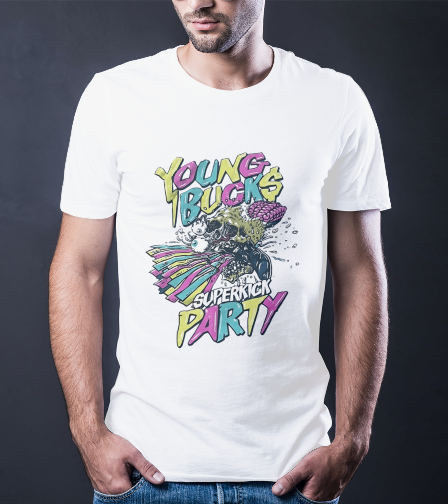 Young Bucks Superkick Party Skull Brain Eyeballs Colorful Explosion T-Shirt