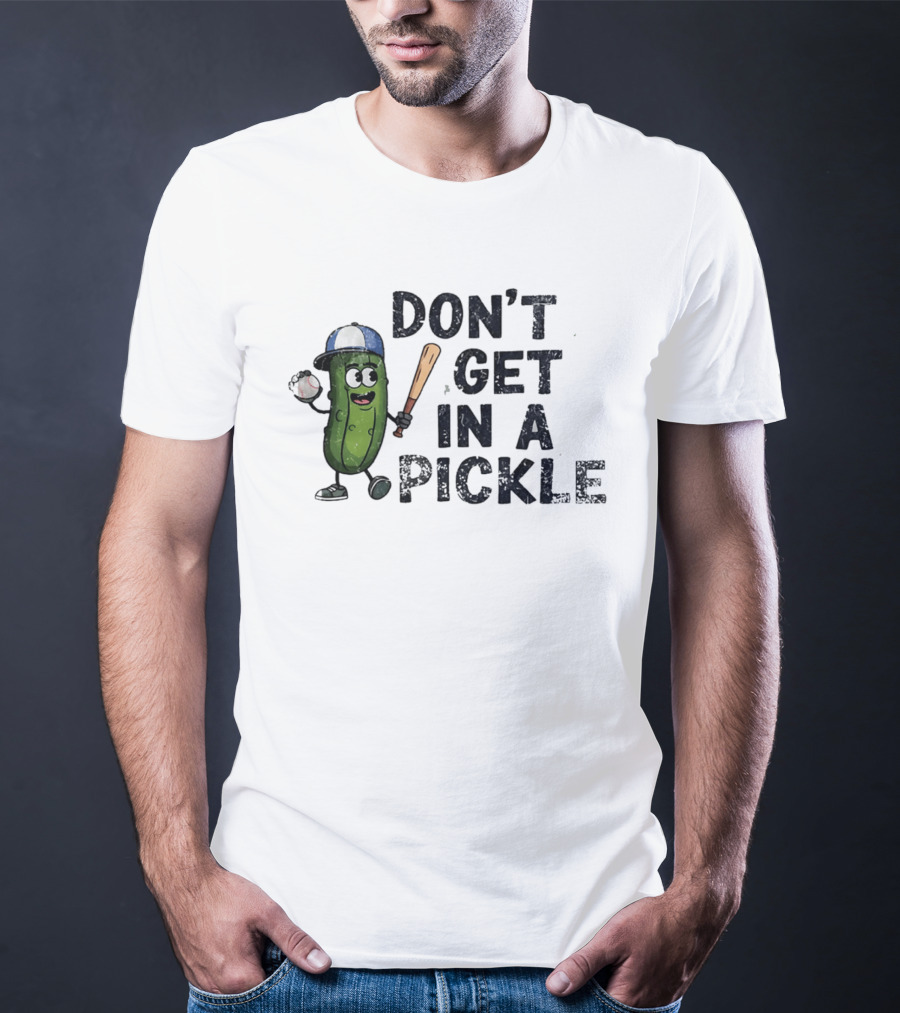 Don't Get In A Pickle Baseball Pun With Pickle Character Holding Bat And Ball T-Shirt
