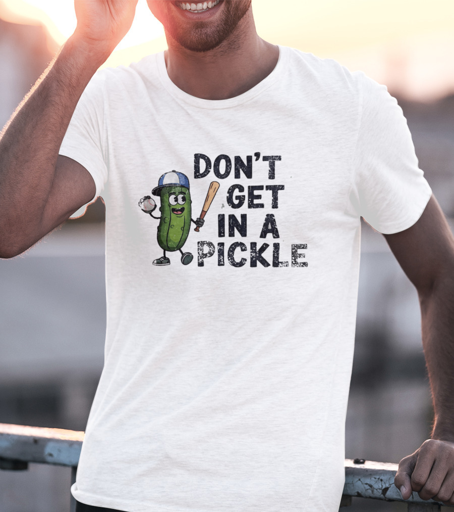 Don't Get In A Pickle Baseball Pun With Pickle Character Holding Bat And Ball T-Shirt