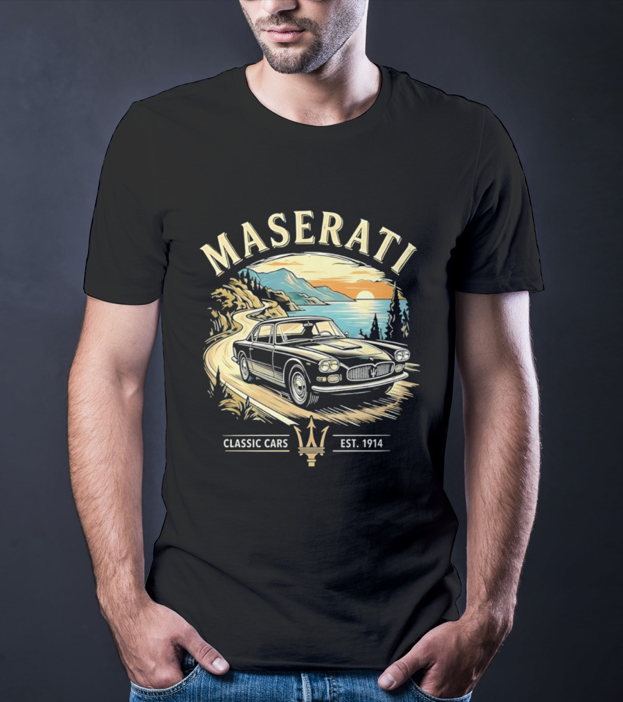 Maserati Classic Cars Est 1914 Vintage Sunset Road Scene T-Shirt