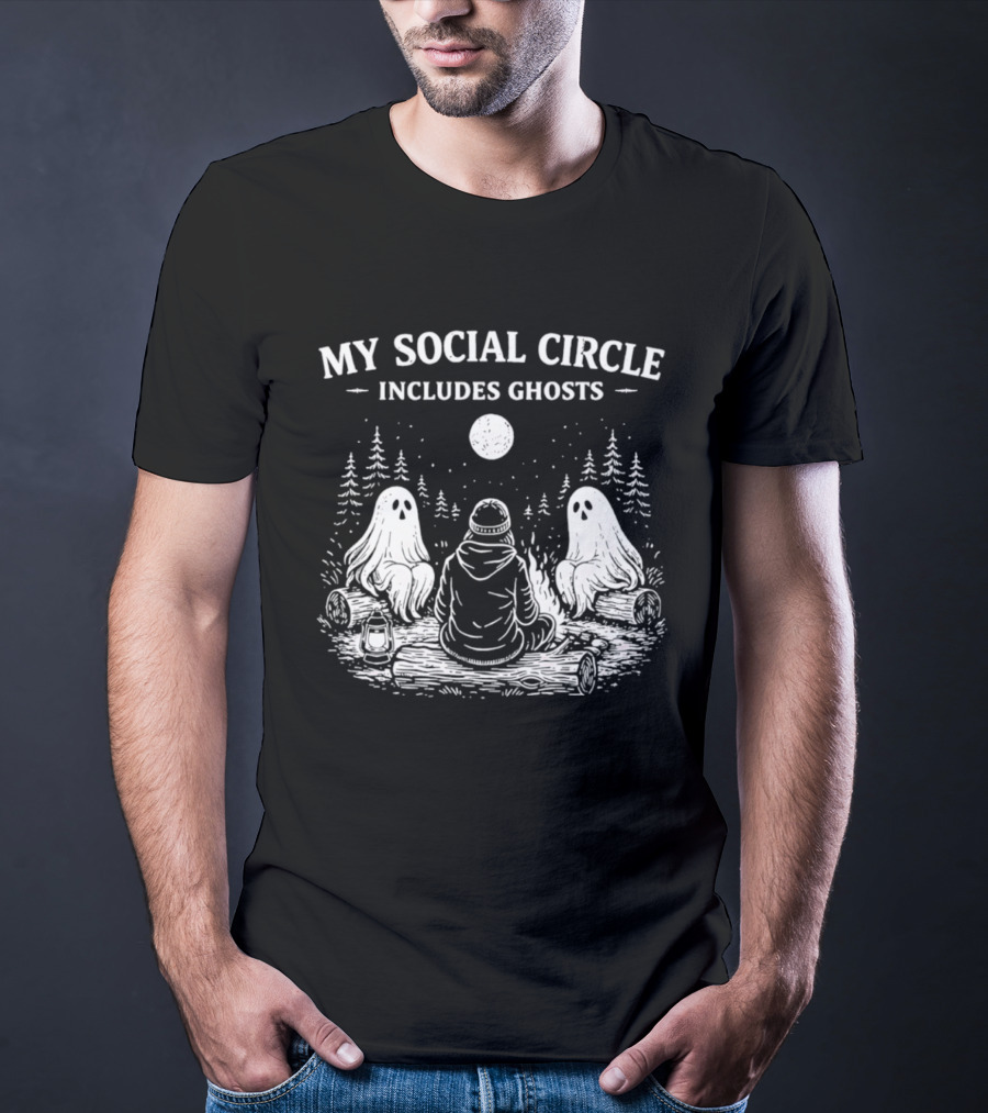 My Social Circle Includes Ghosts Forest Campfire Scene T-Shirt
