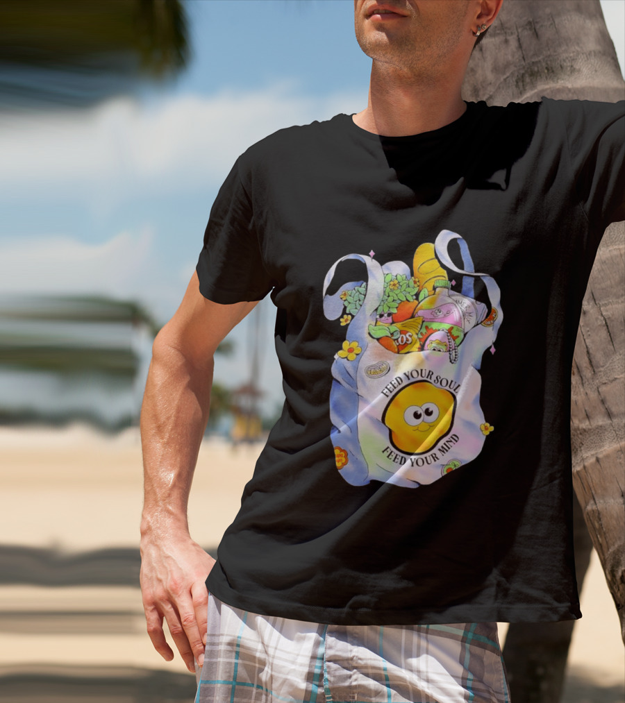 Feed Your Soul Feed Your Mind Bag With Groceries And Cartoon Face T-Shirt