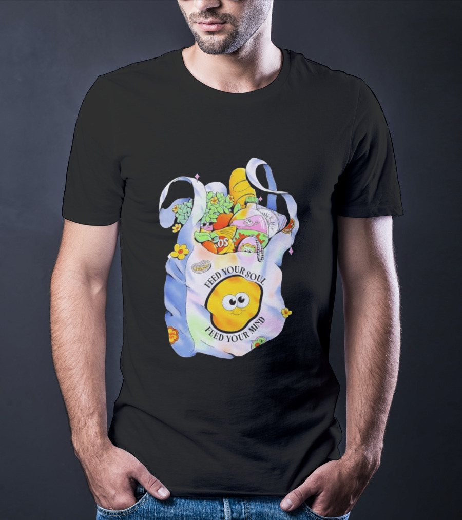 Feed Your Soul Feed Your Mind Bag With Groceries And Cartoon Face T-Shirt