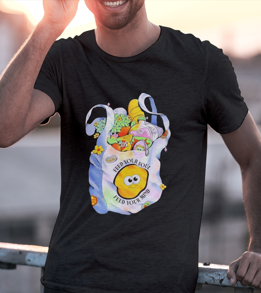 Feed Your Soul Feed Your Mind Bag With Groceries And Cartoon Face T-Shirt