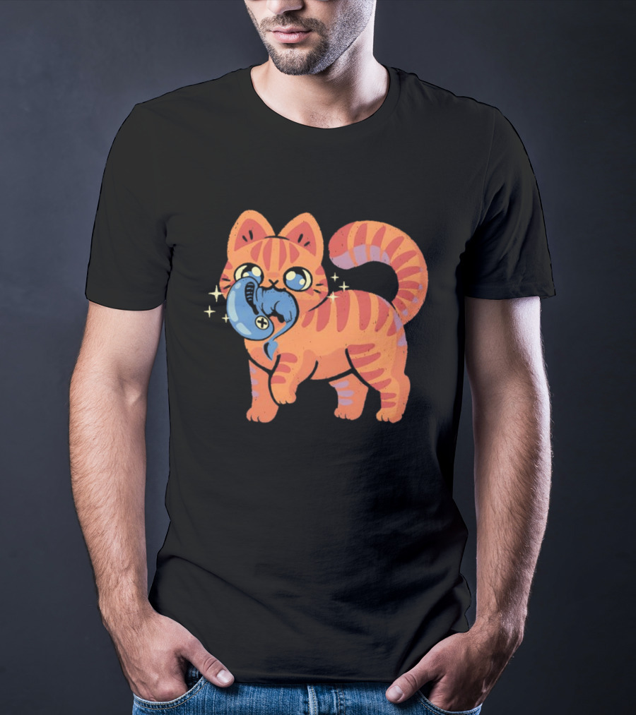 Orange Tabby Cat With Sparkles And Blue Alien Creature T-Shirt