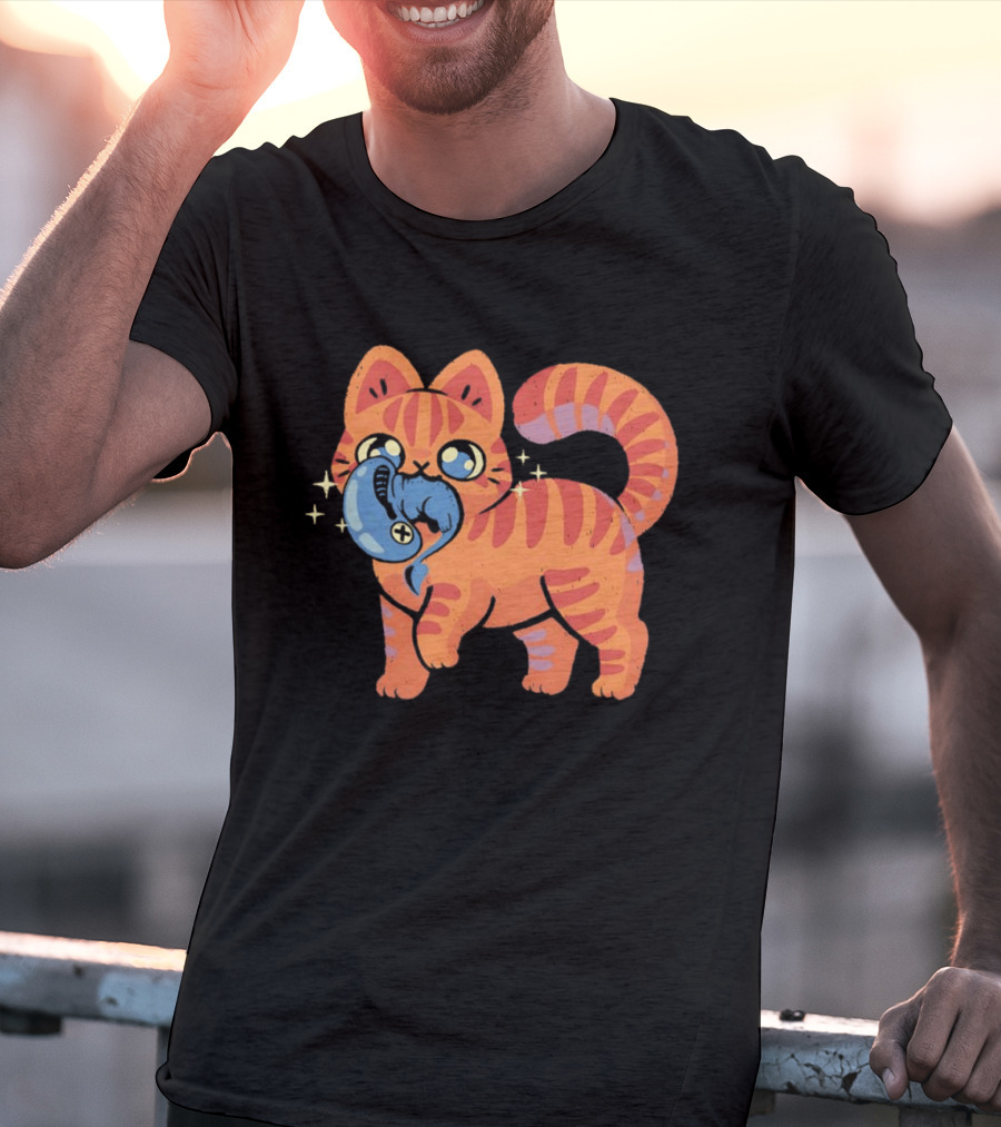 Orange Tabby Cat With Sparkles And Blue Alien Creature T-Shirt