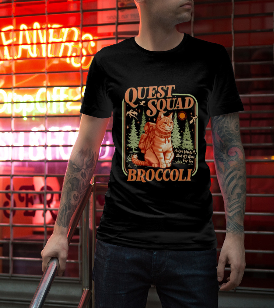 Quest Squad Broccoli Cat Backpack Adventure No One Wants It But It's Good For You T-Shirt