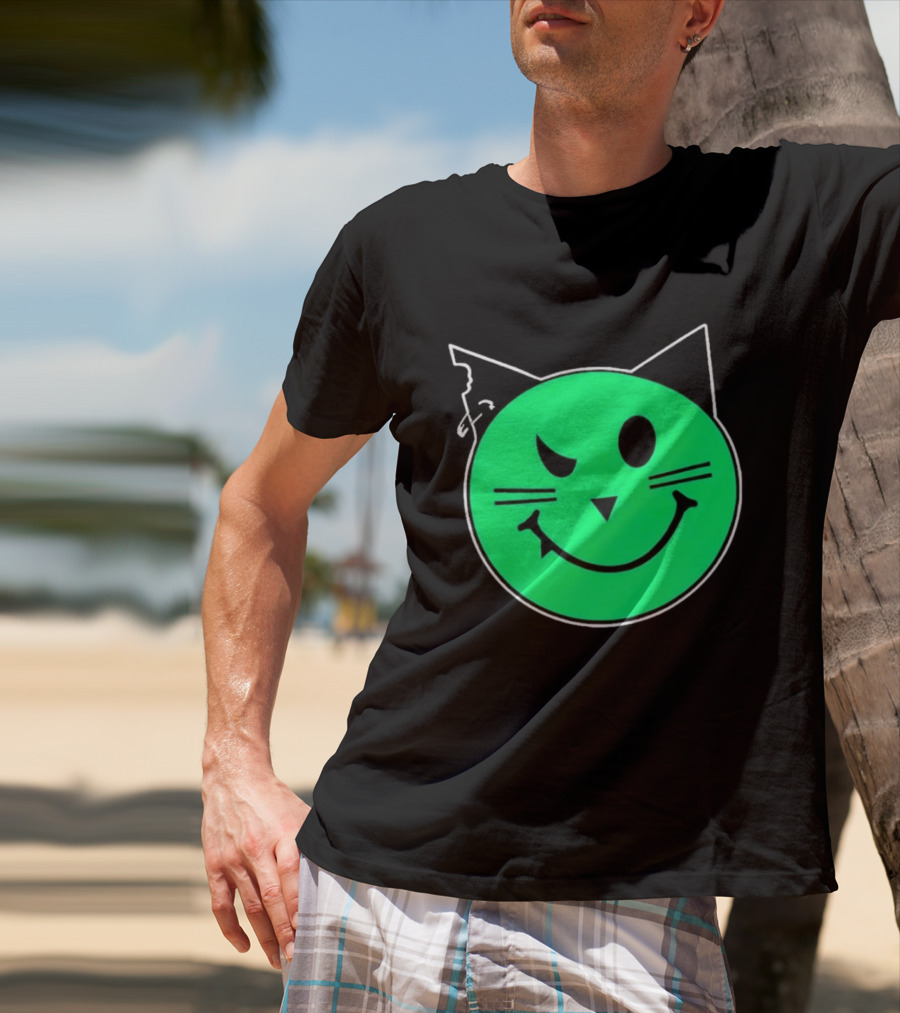 Taliesin Wearing MeowMeowz Smiling Cat Face With Green Circle Black Ears Whiskers T-Shirt