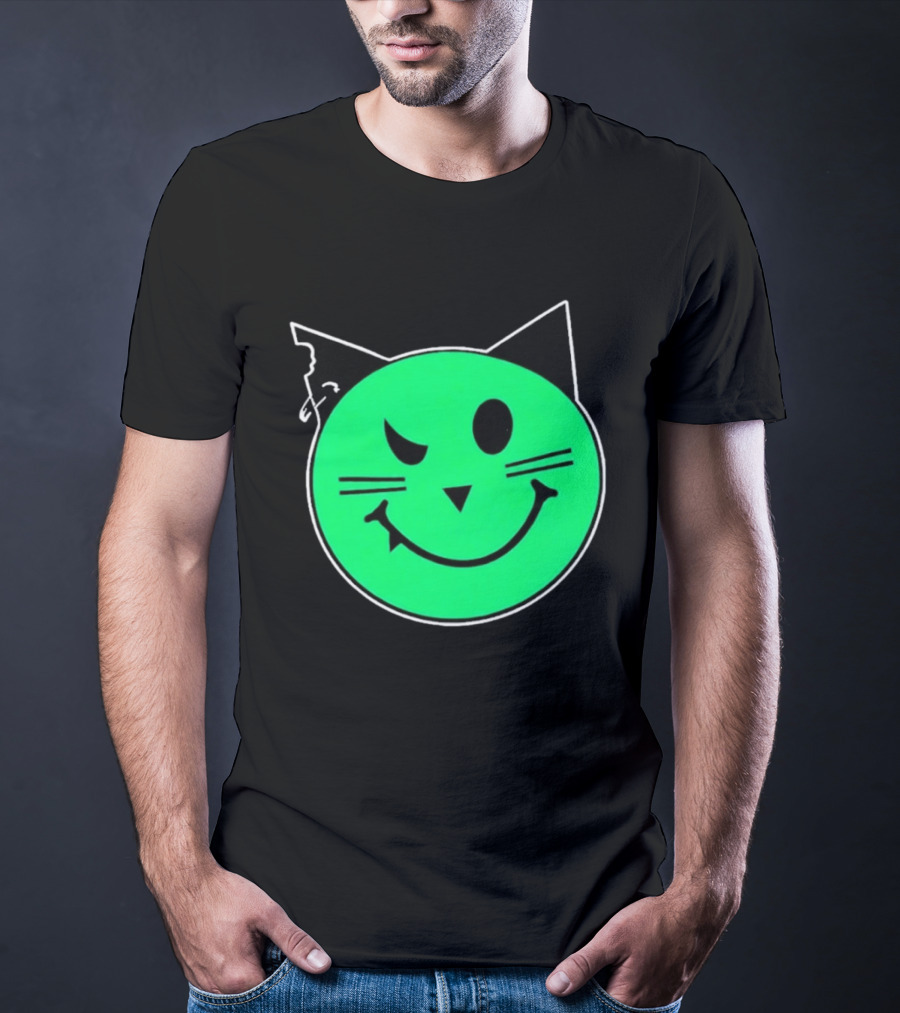 Taliesin Wearing MeowMeowz Smiling Cat Face With Green Circle Black Ears Whiskers T-Shirt