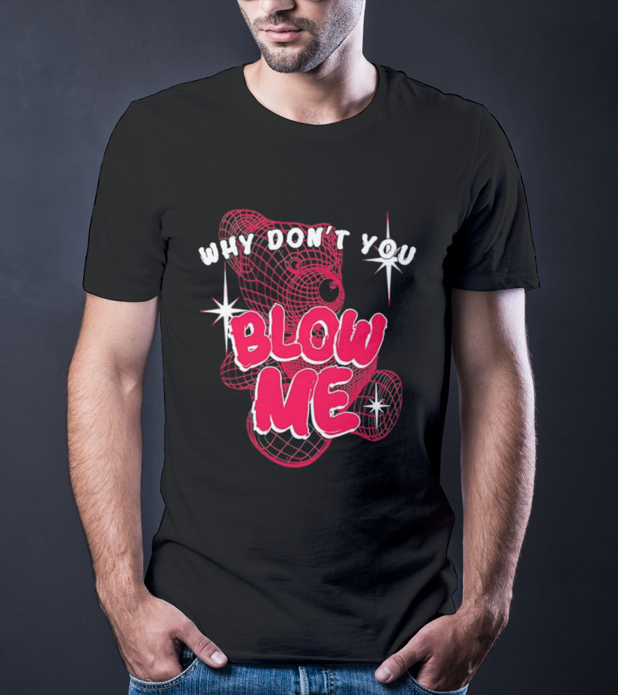 Why Don't You Blow Me Pink Wireframe Teddy Bear Bold Red Text Sparkling Star Accents T-Shirt