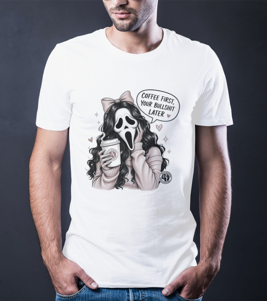 Ghostface Scream Coffee First Your Bullshit Later Horror Movie Bow Hearts T-Shirt