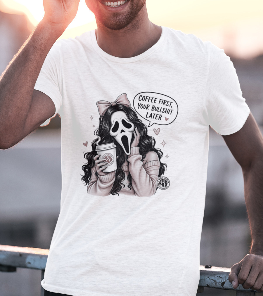Ghostface Scream Coffee First Your Bullshit Later Horror Movie Bow Hearts T-Shirt